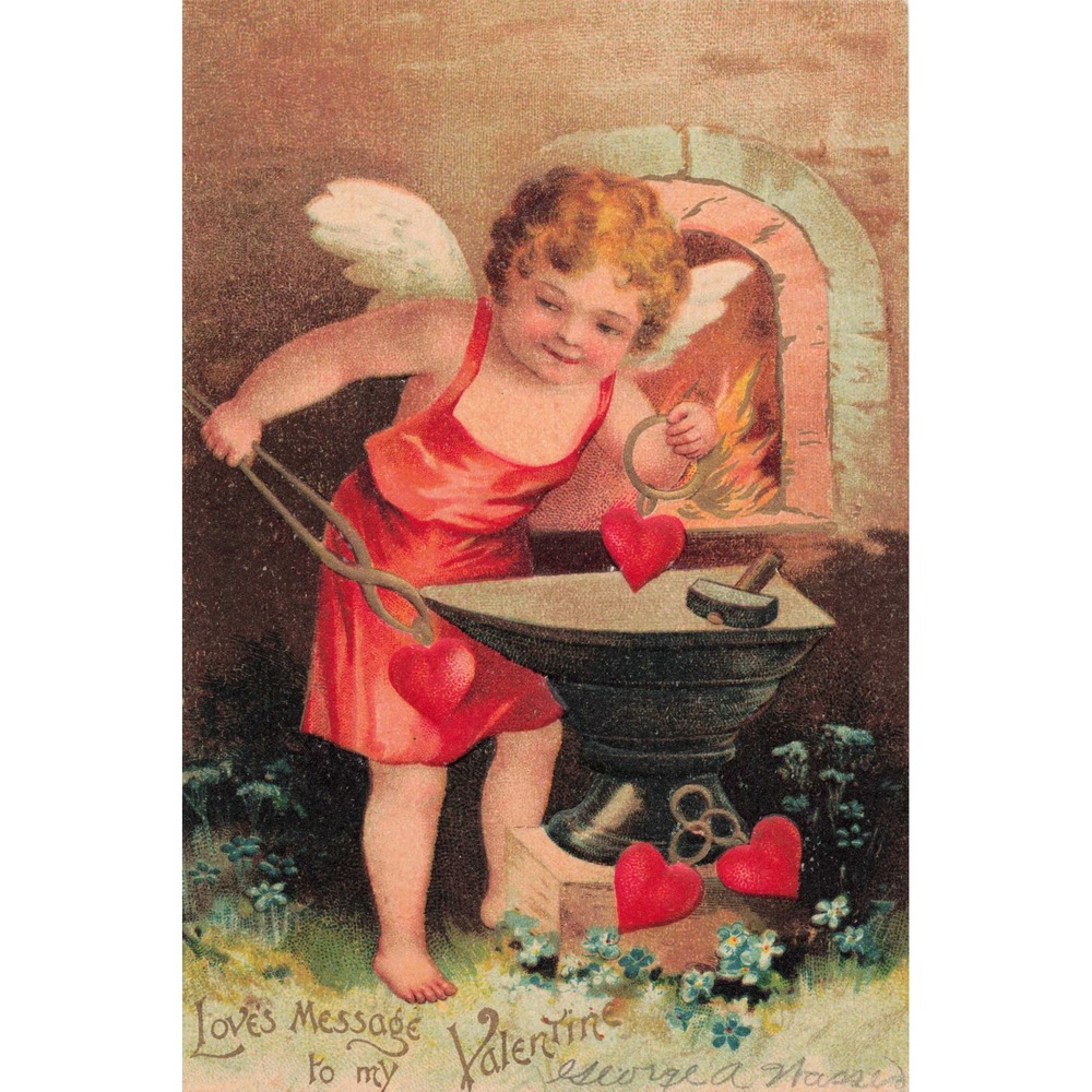 Valentine Postcard George A Nass Cupid Blacksmith Anvil Hearts 1908 Antique